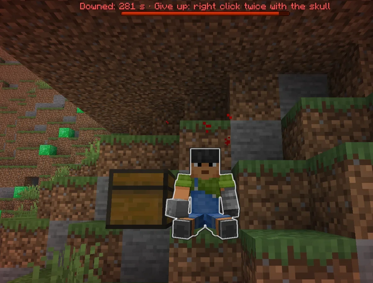 A downed player sitting next to a death chest, with a red countdown bar