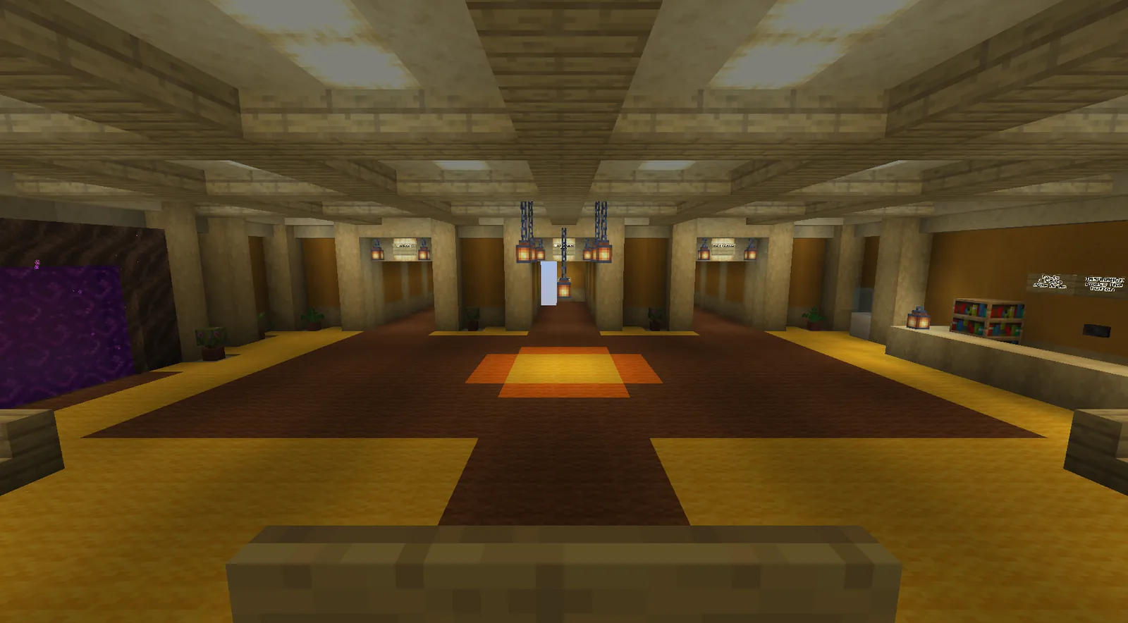 The furnished raid lobby with a purple portal and corridors