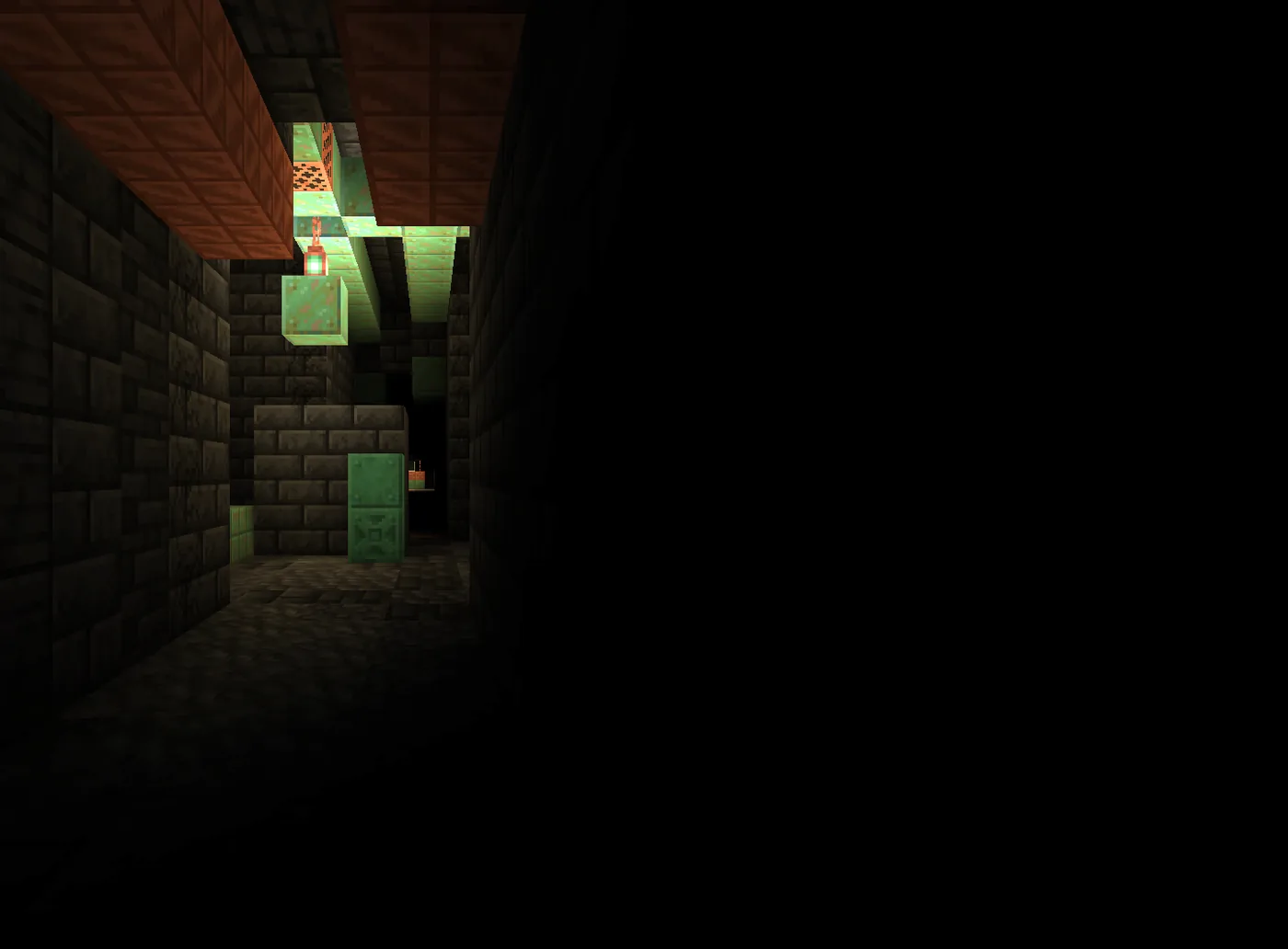 A dark corridor of bricks and copper pipes