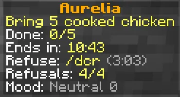 Side board: Aurelia, bring 5 cooked chicken, done 0/5, ends in 10:43, mood neutral