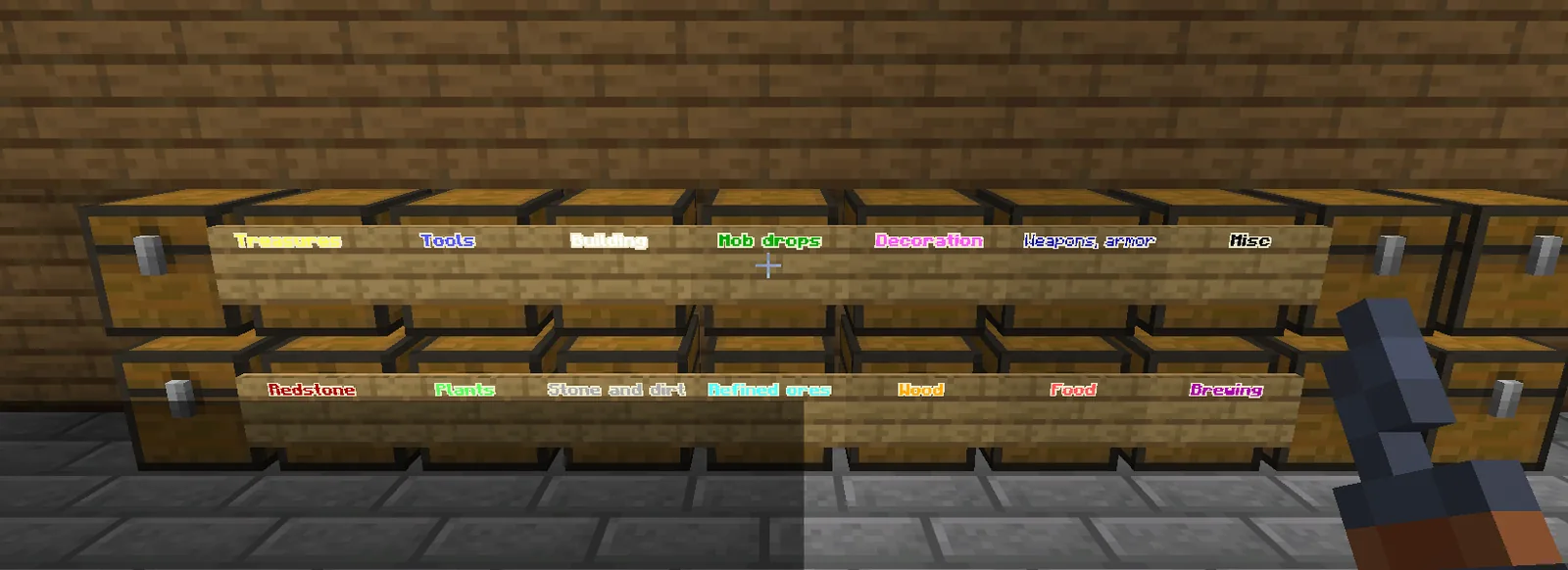 Two rows of chests, each with a colored category sign