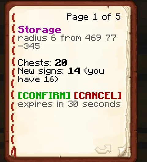 Book: storage plan, chests 20, new signs 14, confirm or cancel